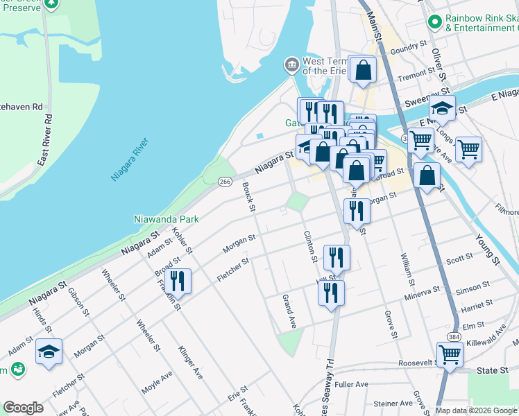 map of restaurants, bars, coffee shops, grocery stores, and more near 255 Broad Street in Tonawanda