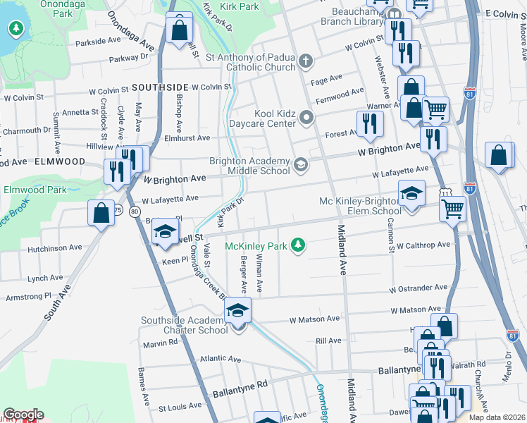 map of restaurants, bars, coffee shops, grocery stores, and more near 134 Richardson Avenue in Syracuse