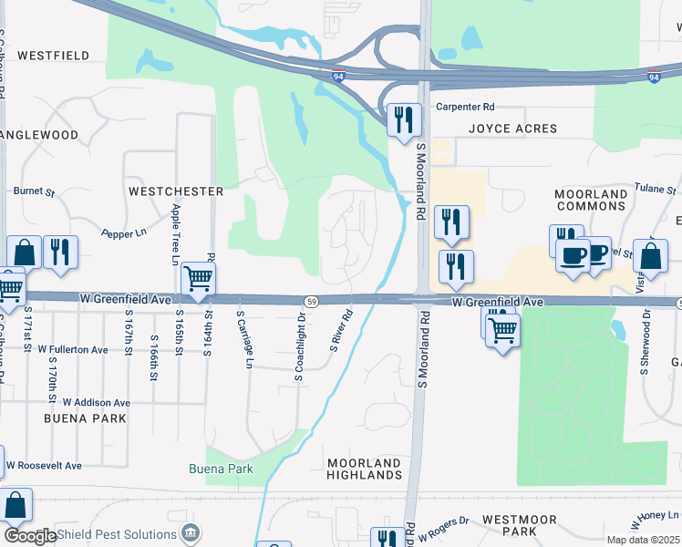 map of restaurants, bars, coffee shops, grocery stores, and more near 1307 Cantebury Circle in Brookfield