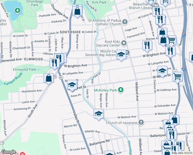 map of restaurants, bars, coffee shops, grocery stores, and more near 606-08 West Newell Street in Syracuse