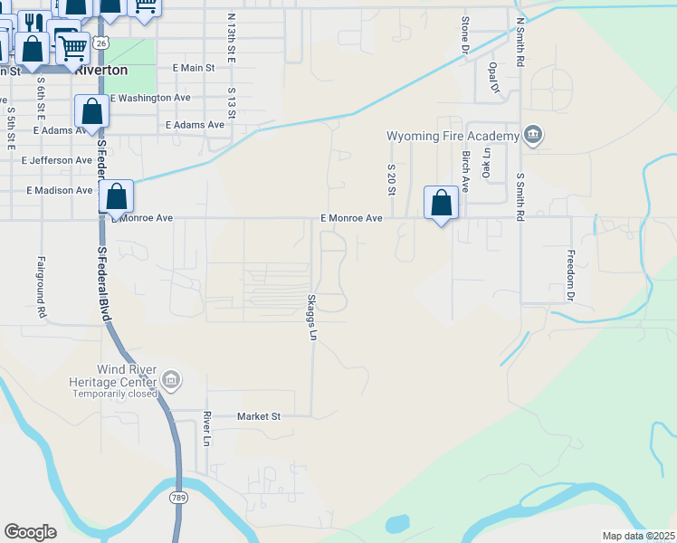 map of restaurants, bars, coffee shops, grocery stores, and more near Jennifer Lane in Riverton