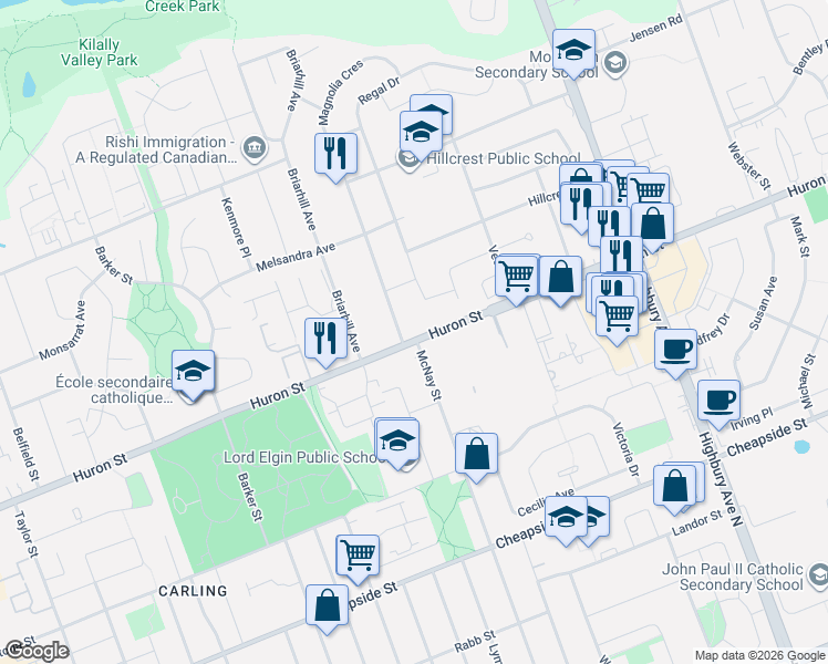 map of restaurants, bars, coffee shops, grocery stores, and more near 1200 Huron Street in London