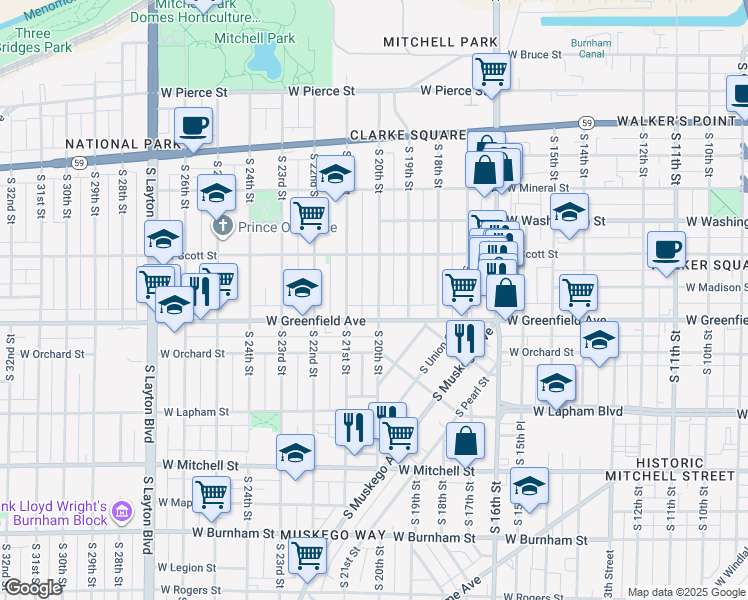 map of restaurants, bars, coffee shops, grocery stores, and more near 2022 West Greenfield Avenue in Milwaukee