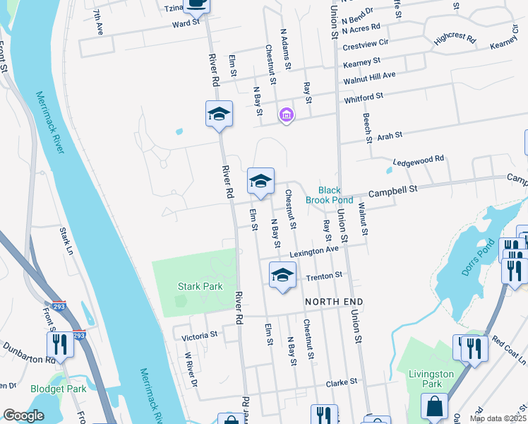 map of restaurants, bars, coffee shops, grocery stores, and more near 2519 Elm Street in Manchester