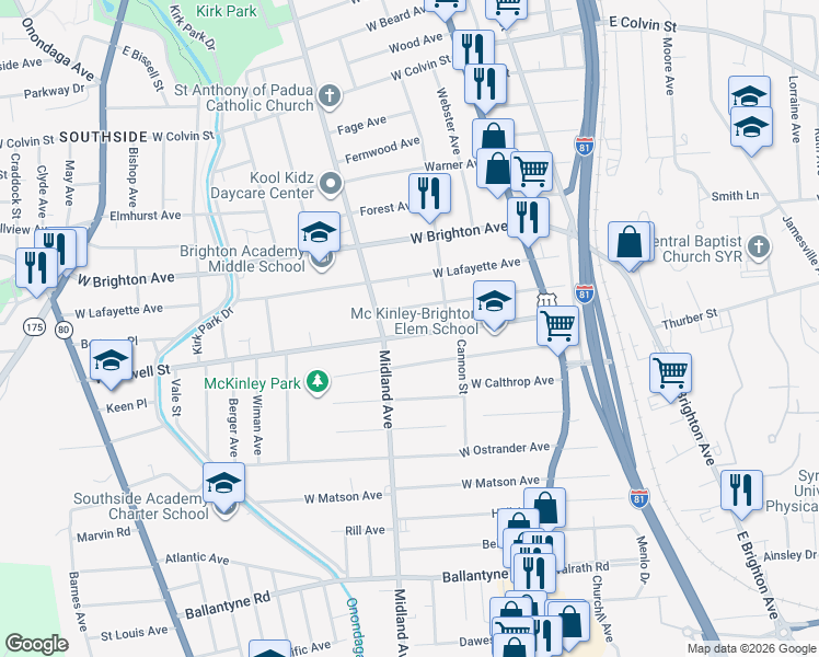 map of restaurants, bars, coffee shops, grocery stores, and more near 236 West Pleasant Avenue in Syracuse