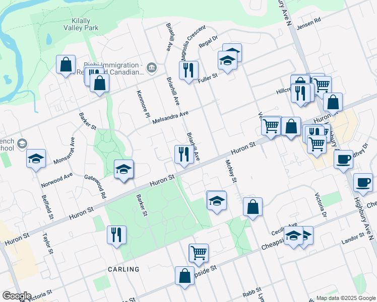 map of restaurants, bars, coffee shops, grocery stores, and more near 295 Briarhill Avenue in London