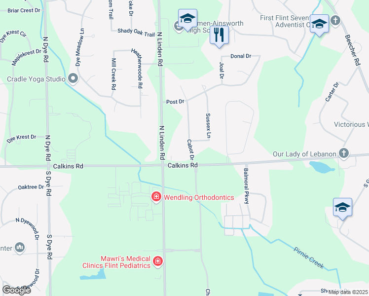 map of restaurants, bars, coffee shops, grocery stores, and more near 1015 Cabot Drive in Flint