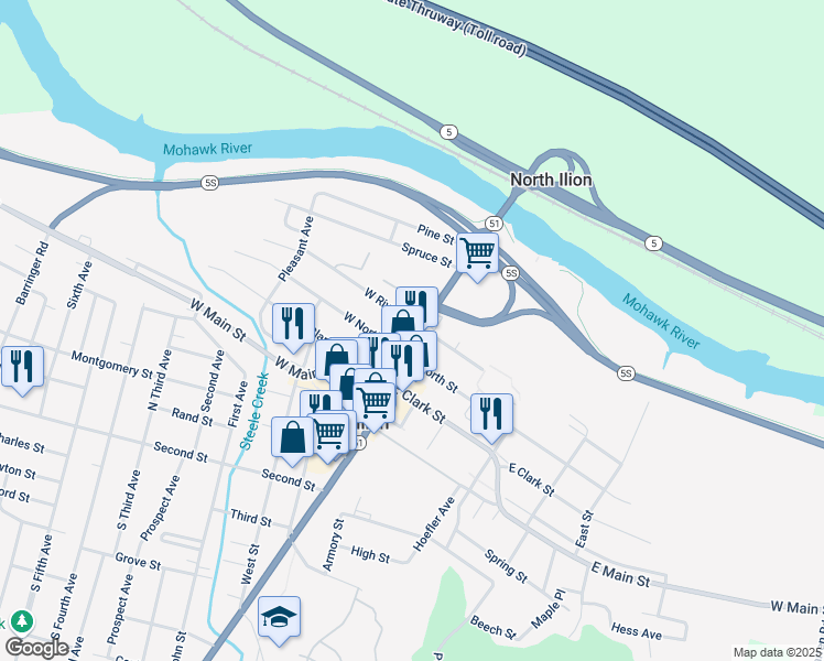 map of restaurants, bars, coffee shops, grocery stores, and more near 61 Central Avenue in Ilion