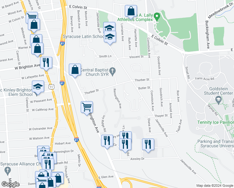 map of restaurants, bars, coffee shops, grocery stores, and more near 117 Remington Avenue in Syracuse
