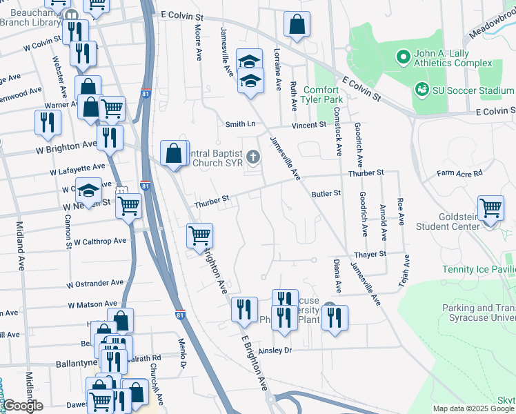 map of restaurants, bars, coffee shops, grocery stores, and more near 124 Remington Avenue in Syracuse