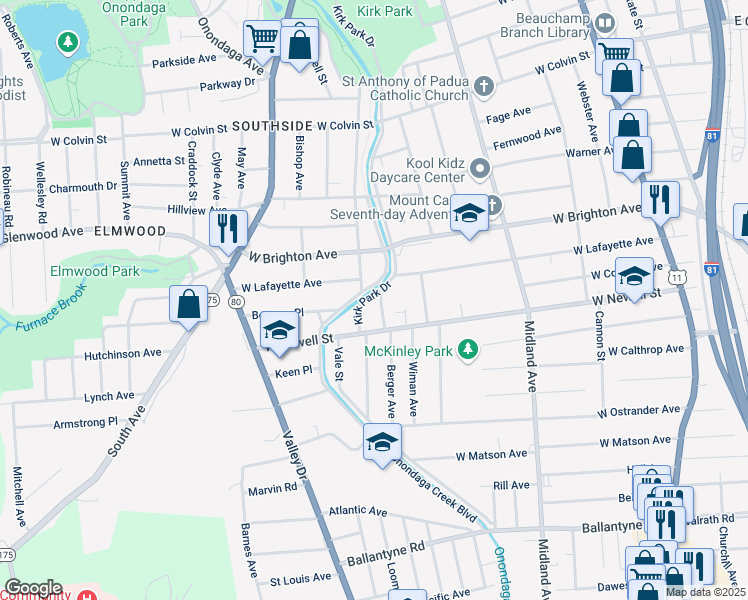 map of restaurants, bars, coffee shops, grocery stores, and more near 606-08 West Newell Street in Syracuse