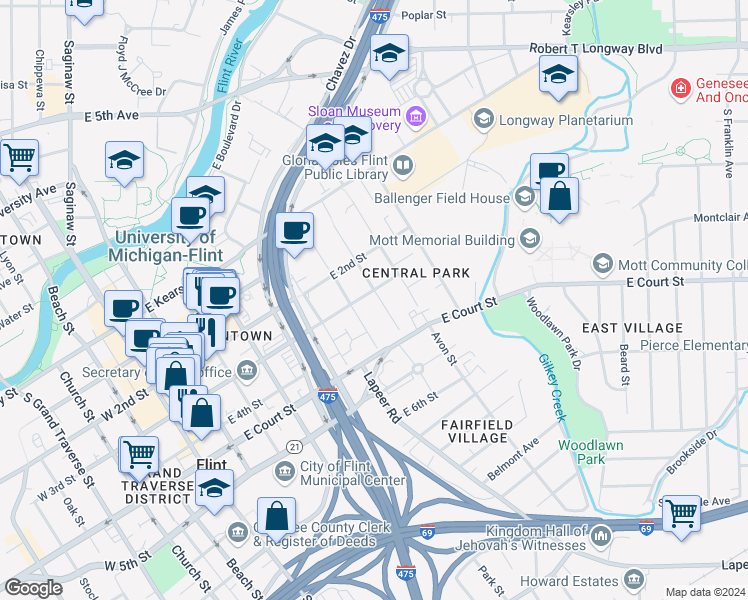 map of restaurants, bars, coffee shops, grocery stores, and more near 727 Pierson Street in Flint