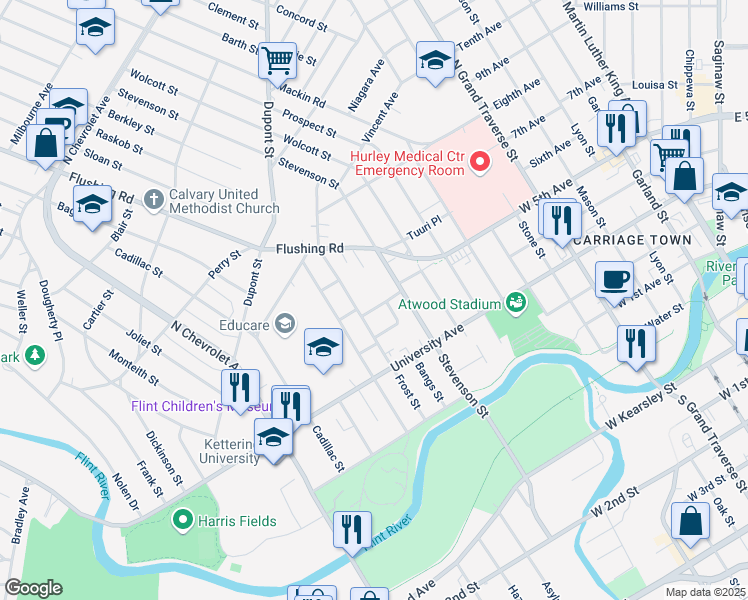 map of restaurants, bars, coffee shops, grocery stores, and more near 725 Frost Street in Flint