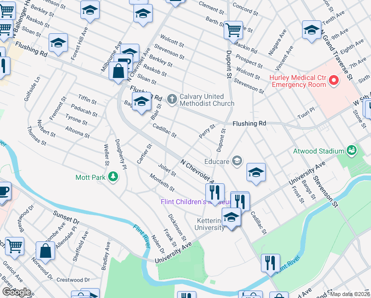 map of restaurants, bars, coffee shops, grocery stores, and more near 820 North Chevrolet Avenue in Flint