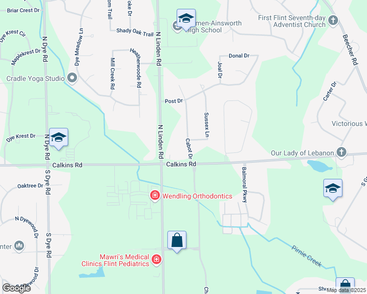 map of restaurants, bars, coffee shops, grocery stores, and more near 1015 Cabot Drive in Flint