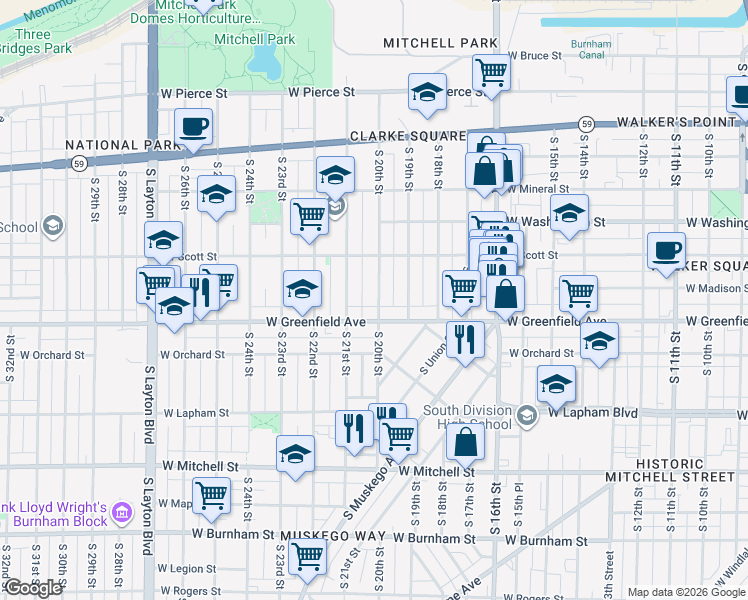 map of restaurants, bars, coffee shops, grocery stores, and more near 2022 West Greenfield Avenue in Milwaukee