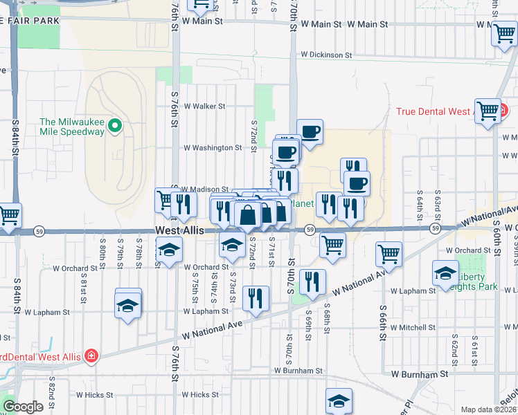 map of restaurants, bars, coffee shops, grocery stores, and more near 7130 West Greenfield Avenue in West Allis
