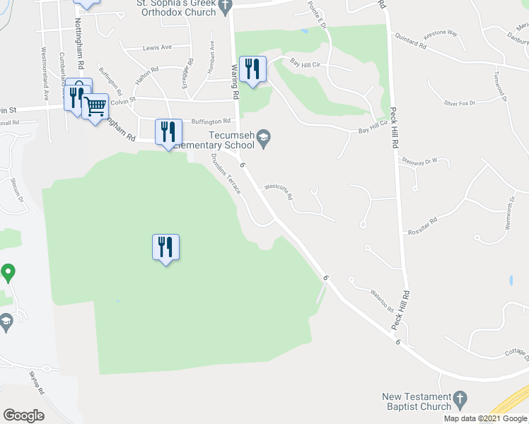 map of restaurants, bars, coffee shops, grocery stores, and more near 38 Drumlins Terrace in Syracuse