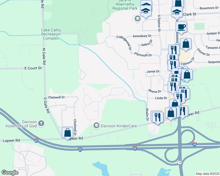 map of restaurants, bars, coffee shops, grocery stores, and more near 9254 Emily Drive in Davison