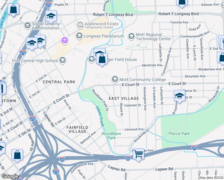 map of restaurants, bars, coffee shops, grocery stores, and more near 1008 Woodside Drive in Flint