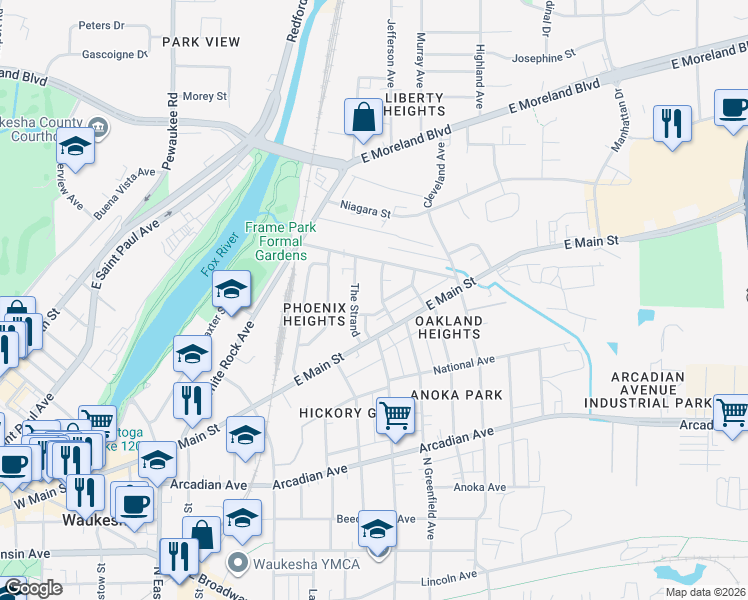 map of restaurants, bars, coffee shops, grocery stores, and more near 1123 The Strand in Waukesha