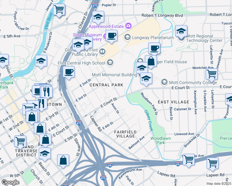 map of restaurants, bars, coffee shops, grocery stores, and more near 915 East Court Street in Flint