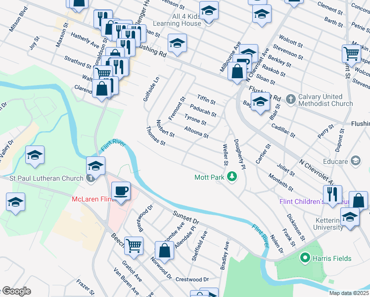 map of restaurants, bars, coffee shops, grocery stores, and more near 401 Marquette Street in Flint