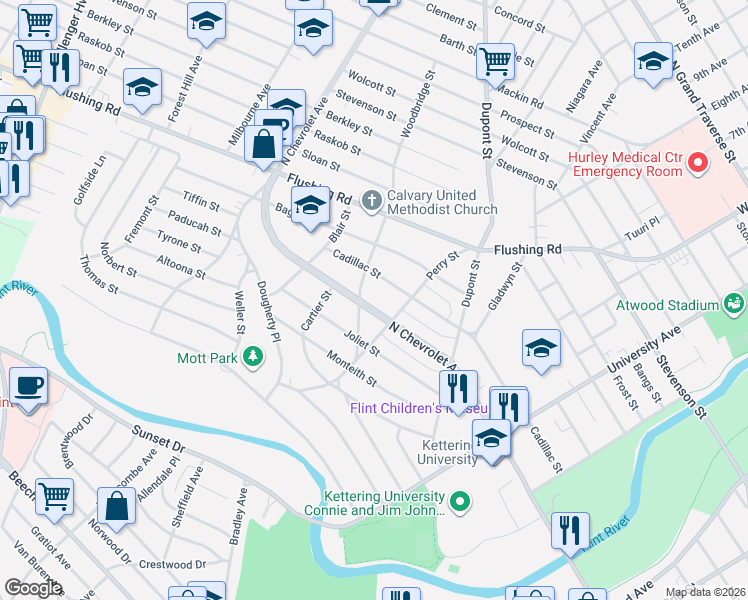 map of restaurants, bars, coffee shops, grocery stores, and more near 865 North Chevrolet Avenue in Flint