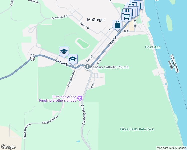map of restaurants, bars, coffee shops, grocery stores, and more near 833-863 Clayton County X56 in McGregor