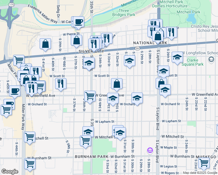 map of restaurants, bars, coffee shops, grocery stores, and more near 6108 West Madison Street in Milwaukee