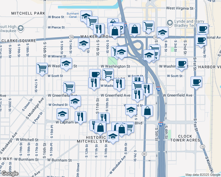 map of restaurants, bars, coffee shops, grocery stores, and more near 931 West Madison Street in Milwaukee