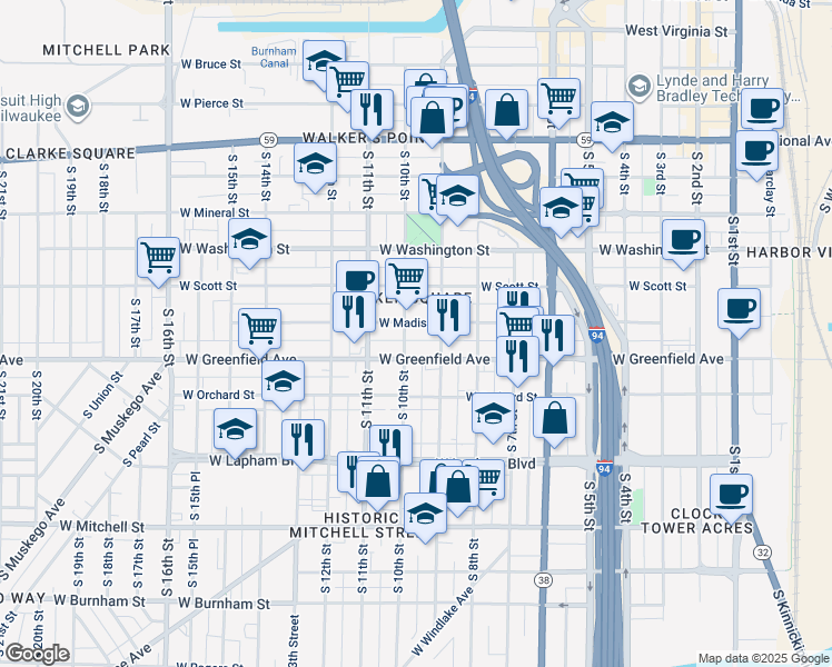 map of restaurants, bars, coffee shops, grocery stores, and more near 931 West Madison Street in Milwaukee