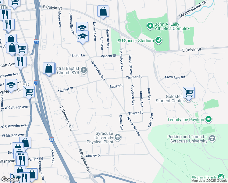 map of restaurants, bars, coffee shops, grocery stores, and more near 923 Jamesville Avenue in Syracuse
