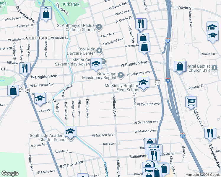 map of restaurants, bars, coffee shops, grocery stores, and more near 2118 Midland Avenue in Syracuse