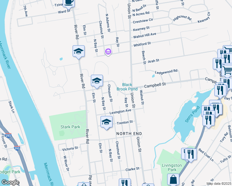 map of restaurants, bars, coffee shops, grocery stores, and more near 322 North Adams Street in Manchester