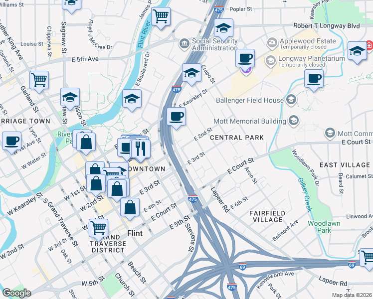 map of restaurants, bars, coffee shops, grocery stores, and more near 607 East Street in Flint