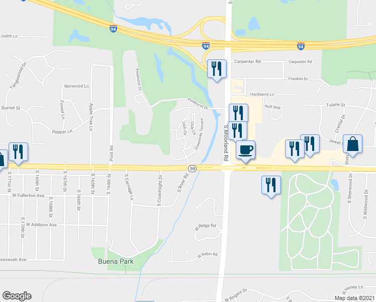 map of restaurants, bars, coffee shops, grocery stores, and more near 1297 Balmoral Court in Brookfield