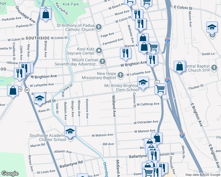 map of restaurants, bars, coffee shops, grocery stores, and more near 2118 Midland Avenue in Syracuse
