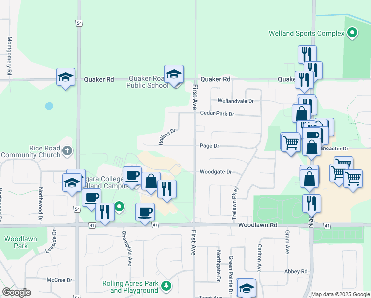 map of restaurants, bars, coffee shops, grocery stores, and more near in Welland