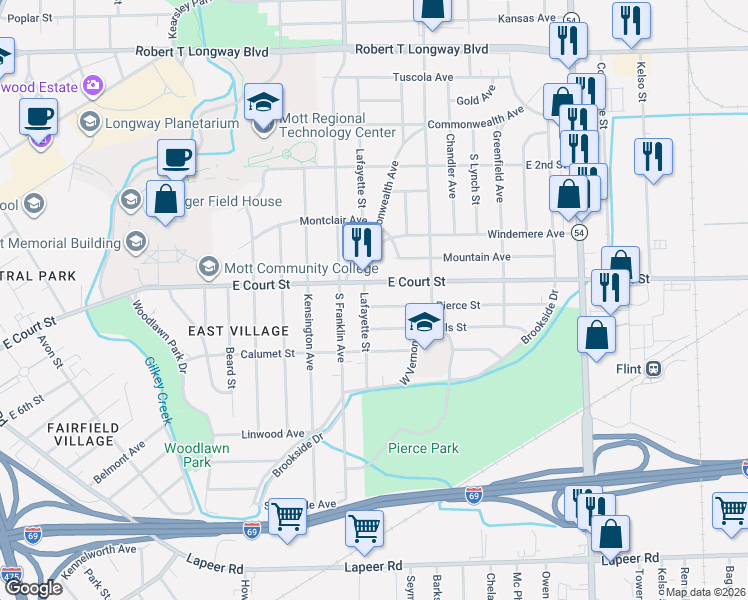 map of restaurants, bars, coffee shops, grocery stores, and more near 1913 East Court Street in Flint