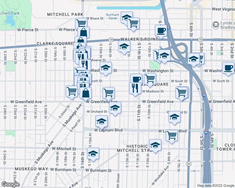 map of restaurants, bars, coffee shops, grocery stores, and more near 1308A West Madison Street in Milwaukee