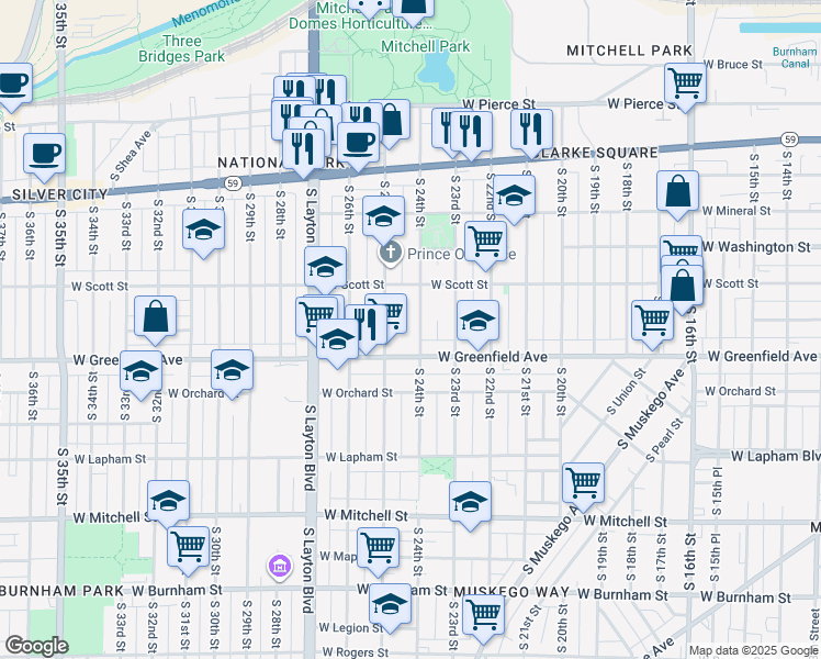 map of restaurants, bars, coffee shops, grocery stores, and more near 1222 South 24th Street in Milwaukee
