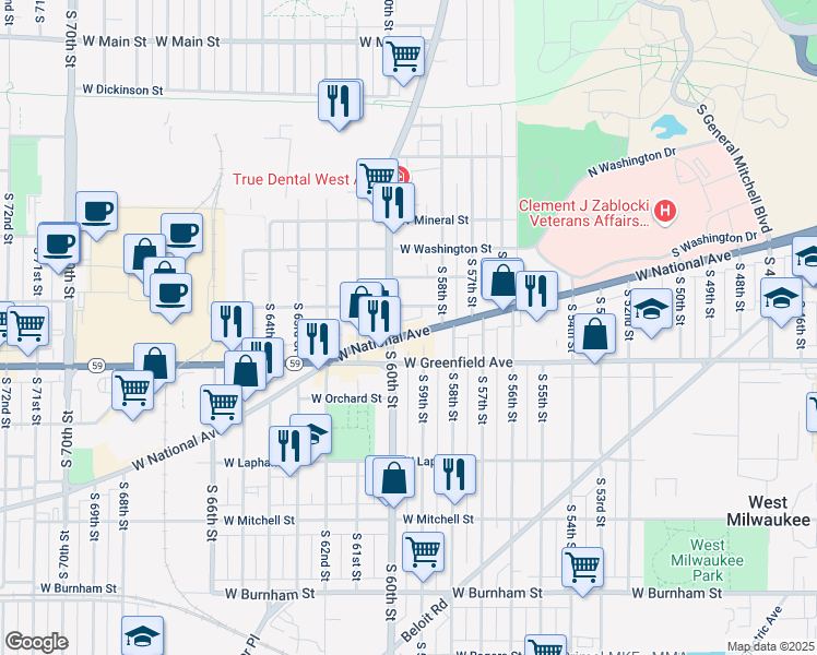 map of restaurants, bars, coffee shops, grocery stores, and more near 5846 West Madison Street in West Allis