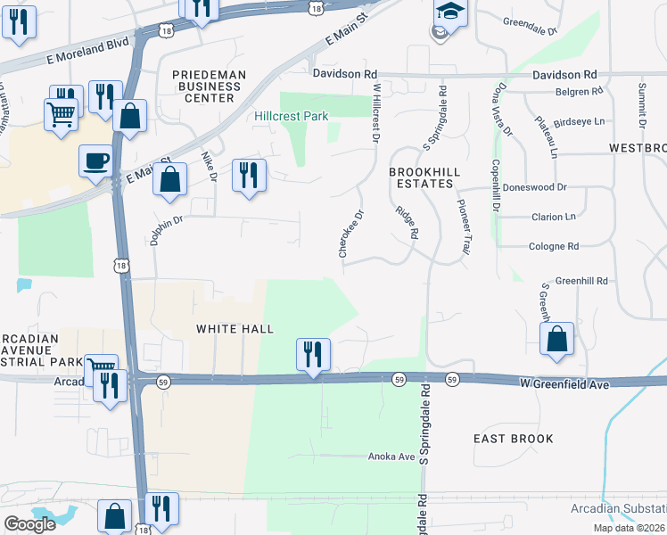 map of restaurants, bars, coffee shops, grocery stores, and more near 1291 Cherokee Drive in Waukesha