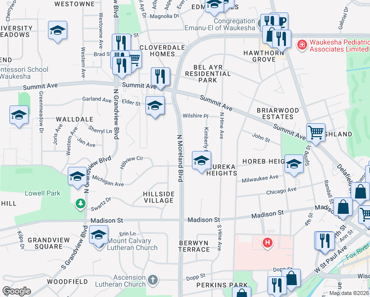 map of restaurants, bars, coffee shops, grocery stores, and more near 443 North Moreland Boulevard in Waukesha