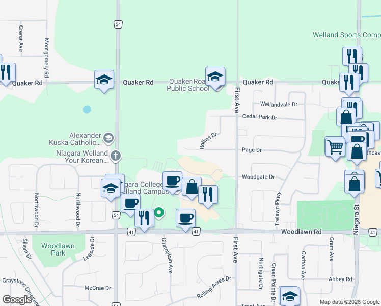 map of restaurants, bars, coffee shops, grocery stores, and more near 75 College Park Drive in Welland