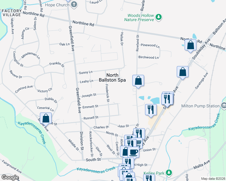 map of restaurants, bars, coffee shops, grocery stores, and more near 70 Frederick Street in Ballston Spa