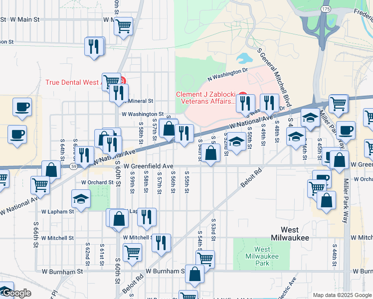 map of restaurants, bars, coffee shops, grocery stores, and more near 5433 West National Avenue in West Milwaukee