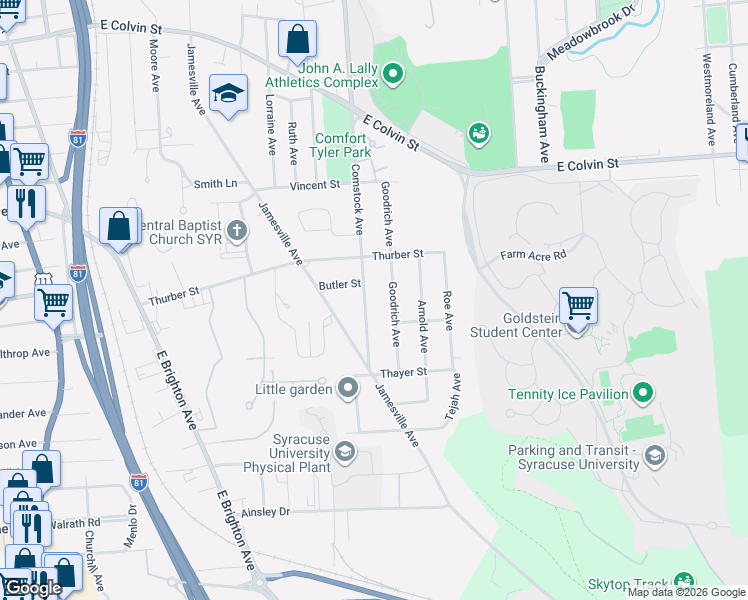 map of restaurants, bars, coffee shops, grocery stores, and more near 1447 Comstock Avenue in Syracuse