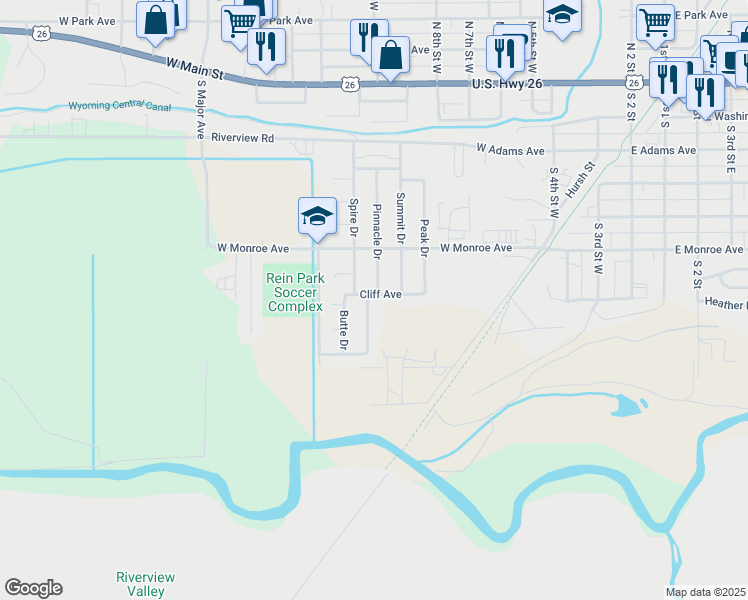map of restaurants, bars, coffee shops, grocery stores, and more near 915 Cliff Avenue in Riverton